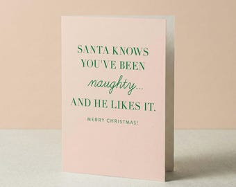 May include: A pink Christmas card with green text that reads "SANTA KNOWS YOU'VE BEEN naughty... AND HE LIKES IT. MERRY CHRISTMAS!". The card is folded and stands upright against a light pink background.