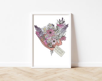 Wedding flowers bouquet, wedding flowers print, personalised wedding gift, wedding print, wedding keepsake, gift the bride & groom