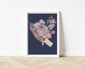 Wedding flowers bouquet, wedding flowers print, personalised wedding gift, wedding print, wedding keepsake, gift the bride & groom, navy