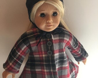 18" Doll plaid Winter coat and hat - red/gray plaid or tan/red plaid