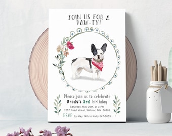 French Bulldog Birthday Invite, Black and White French Bulldog Party Invitation, Dog Watercolor Portrait Art, Digital File Only