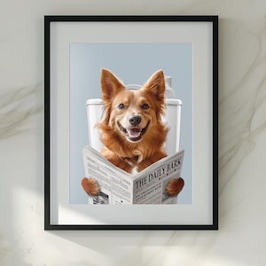 Cane che legge il giornale sul water, arte del cane in bagno, ritratto personalizzato dell'animale domestico, poster divertente per il bagno, cane nel water poster personalizzato per l'animale domestico