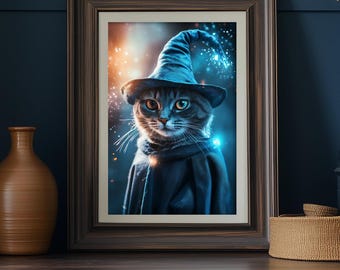 Retrato de gato mago, retrato de gato personalizado, retrato de mascota personalizado, retrato de gato a partir de una foto, póster de gato mágico, retrato de mascota de fantasía, arte de gato
