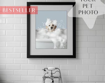 Retrato de mascota personalizado a partir de una foto, arte para el baño de perros, perro o gato en la bañera, retrato de perro personalizado para el baño, regalo para amantes de los perros, mascota para el baño