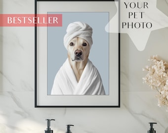 Custom Pet Portraits, Dog In Robe, Pet in Bathtub, Dog with Towel on Head Wall Art, Bathroom Dog Wall, Dog Bathroom Art, Pet Gift Bathroom