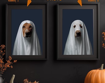 Dog Halloween Custom Portrait Ghost, Halloween Pet Decor, Personalized Dog Gift, Funny Dog Portraits, Unique Dog Artwork, Halloween Dog Cat