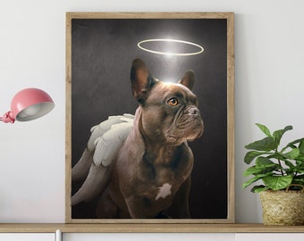 Retrato personalizado de buldogue francês, arte de buldogue francês, cachorro com asas, retrato memorial de cachorro, retrato personalizado de animal de estimação, asas de anjo para cachorro
