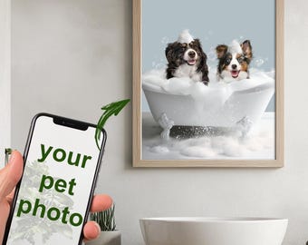 Perro en una bañera, Dos mascotas en la bañera, Arte de baño para mascotas, Retratos de mascotas personalizados, Impresiones de arte de pared para baño, Perro en el inodoro, Solo archivo digital