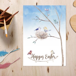 Carte de Joyeuses Pâques, Joyeuses Pâques à imprimer, Modèle de carte de Pâques, Carte imprimable, Carte de Pâques PDF, Carte aquarelle, Aquarelles oiseaux