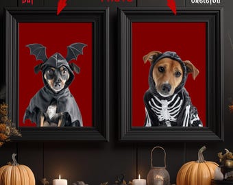 May include: Two framed pet portraits with red backgrounds. One features a dog in a bat costume, the other in a skeleton costume. The words "Bat" and "Skeleton" are above the portraits. Pumpkins, candles, and decorative elements complete the Halloween theme.