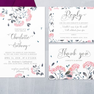 Floral Wedding Invitation, Printable Wedding Invitation, Romantic Wedding Invitation, Watercolor Flower Invite,  Pink Blush, Floral Wedding