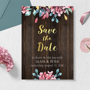 Land Save the Date, Holz Save the Date Karte, Goldfolie Save the Date, Rustikale Save the Date Karte, Scheunenhochzeit, Floral Save the Date