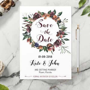 Enregistrer la carte de date, Carte de sauvegarde Boho, Imprimable Enregistrer la date, Date de sauvegarde florale, Bourgogne Enregistrer la date, Date de sauvegarde rustique, Couronne florale