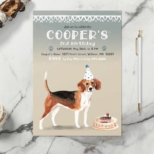 Beagle Birthday PDF Card Invitation, Beagle Watercolor Portrait Art, Digital File Only