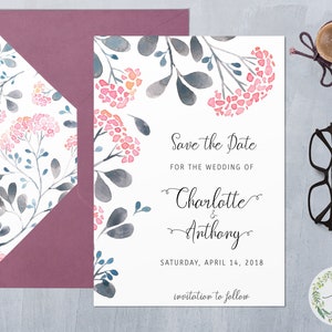 Blumen Save The Date Karte, Florale Save The Date Karte, Boho Save Date Karte, druckbare Save The Date Karte, Pink Blush, Save The Date Vorlage
