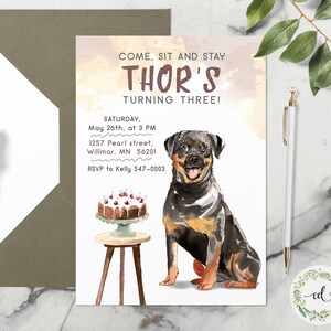 Convite de arte em aquarela Rottweiler, convite para cartão de festa de aniversário de cachorro Rottweiler, somente arquivo digital