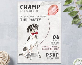 English Pointer Birthday Party Invitation Card, Dog Watercolor Art Gift, Digital File Only