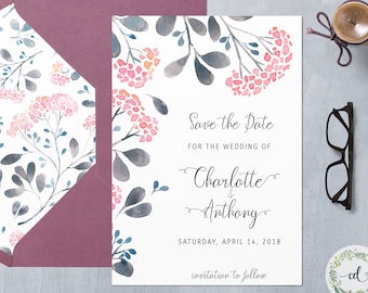 Flower Save The Date Card, Floral Save The Date, Boho Save Date Card, Printable Save The Date, Pink Blush, Save The Date Template