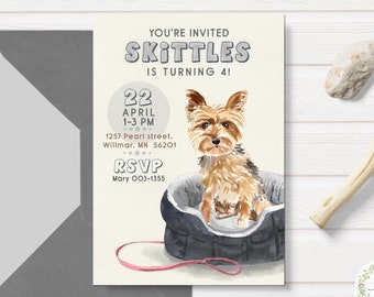 Cartão em aquarela de convite de aniversário de Yorkshire Terrier, arte de presente de Yorkie, somente arquivo digital