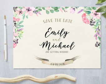 Save The Date Card, Floral Save The Date, Watercolor Flowers, Romantic Save The Date Printable Save The Date Flowers Save The Date Boho Chic