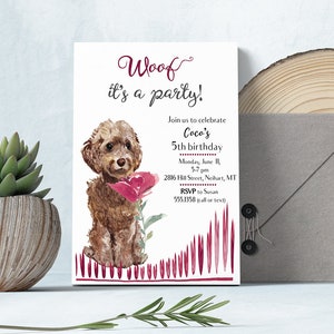 Cartão de convite de festa de aniversário de cachorro Cockapoo marrom, design de cachorro Cockapoo em aquarela, somente arquivo digital