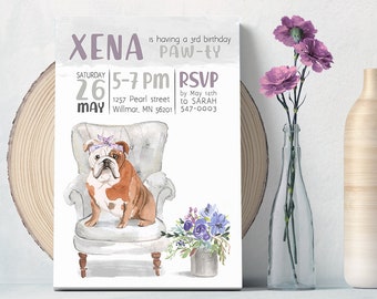 English Bulldog Birthday Party Invitation Card PDF, Bulldog Watercolor Portrait Art Gift, Digital File Only