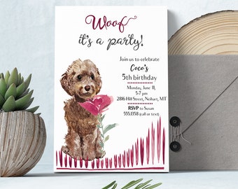 Brown Cockapoo Dog Birthday Party Invitation Card, Watercolor Cockapoo Dog Design, Digital File Only