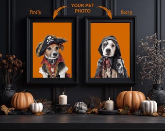Halloween Pet Portrait, Halloween Spooky Dog Decor, Halloween Dog Custom Print, Pet Portrait For Halloween, Pirate or Scary Dead man Costume