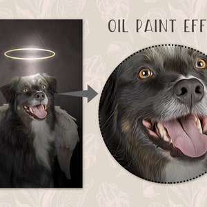 Pode incluir: Um c&atilde;o preto e branco com um halo e asas de anjo, pintado em um estilo de pintura a &oacute;leo. O c&atilde;o est&aacute; sorrindo com a l&iacute;ngua para fora.