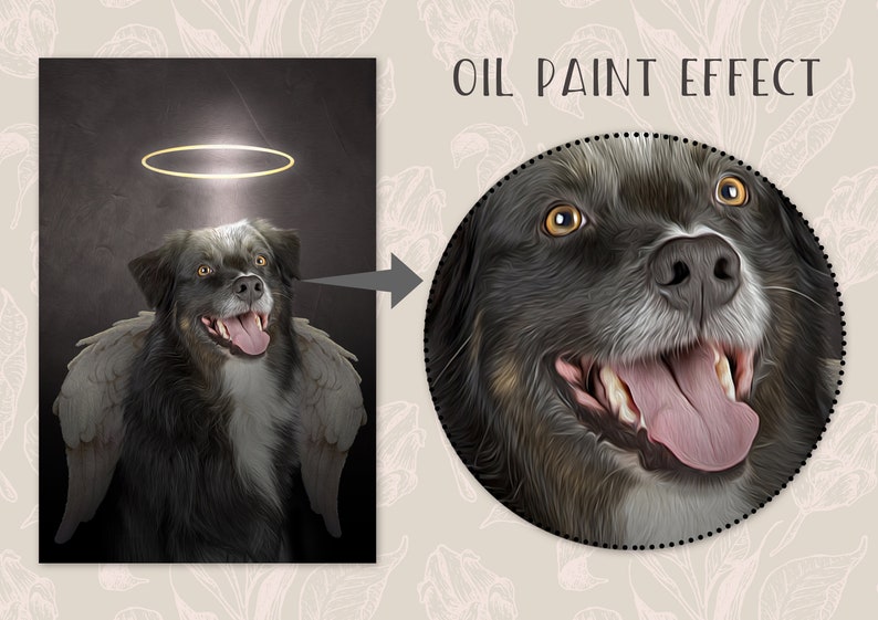 Pode incluir: Um c&atilde;o preto e branco com um halo e asas de anjo, pintado em um estilo de pintura a &oacute;leo. O c&atilde;o est&aacute; sorrindo com a l&iacute;ngua para fora.