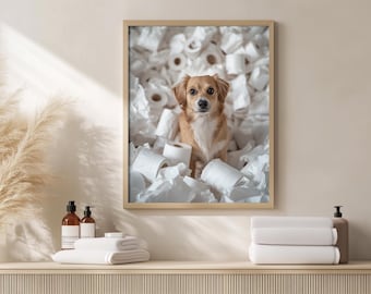 Arte para el baño de perros, póster divertido para el baño, retrato personalizado de mascota, regalo para mamá perruna, regalo para dueño de mascota, rollos de papel higiénico para perros, papel higiénico en la cabeza