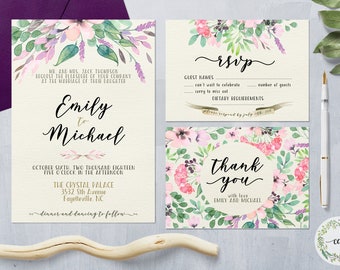 Flower Wedding Invitation, Floral Wedding Invitation, Watercolor Flowers,  Printable Wedding Invite, Wedding Invitation Set  Boho Invitation