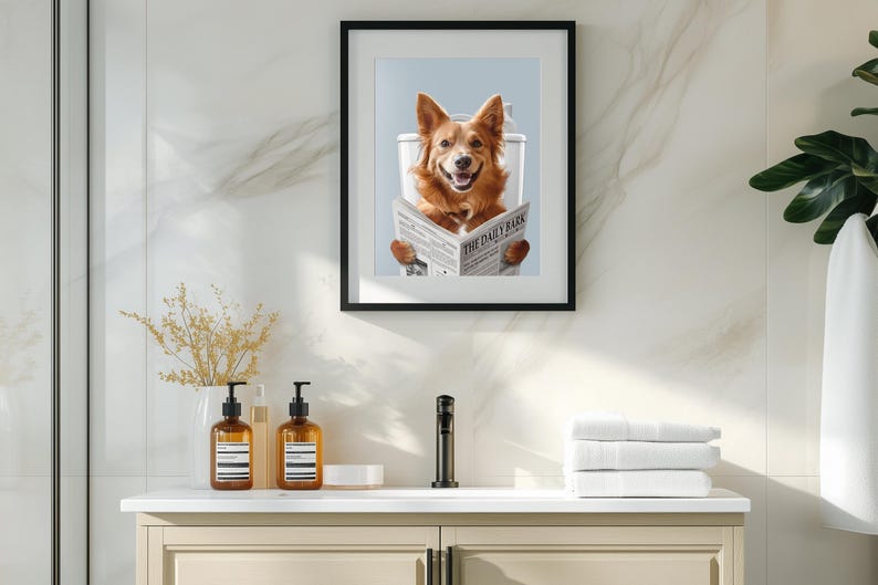 Ritratti di animali domestici personalizzati, cane in accappatoio, animale domestico nella vasca da bagno, cane con asciugamano sulla testa, parete con cane in bagno, arte con cane in bagno, regalo per animali domestici in bagno immagine 12