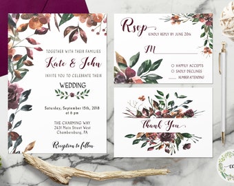 Burgundy Wedding Invitation, Rustic Wedding Invitation, Printable Wedding Invite, Wedding Invitation Set,  Boho Invitation, Floral Wedding