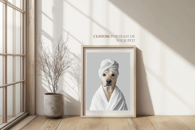 Ritratti di animali domestici personalizzati, cane in accappatoio, animale domestico nella vasca da bagno, cane con asciugamano sulla testa, parete con cane in bagno, arte con cane in bagno, regalo per animali domestici in bagno immagine 2
