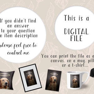 Pode incluir: Download de arquivo digital de um c&atilde;o golden retriever com uma aur&eacute;ola. A imagem &eacute; mostrada em uma almofada, uma caneca, uma camiseta e uma impress&atilde;o emoldurada. "Este &eacute; um ARQUIVO DIGITAL. Voc&ecirc; pode imprimir o arquivo como um p&ocirc;ster, uma tela, em uma caneca, uma almofada ou uma camiseta..."