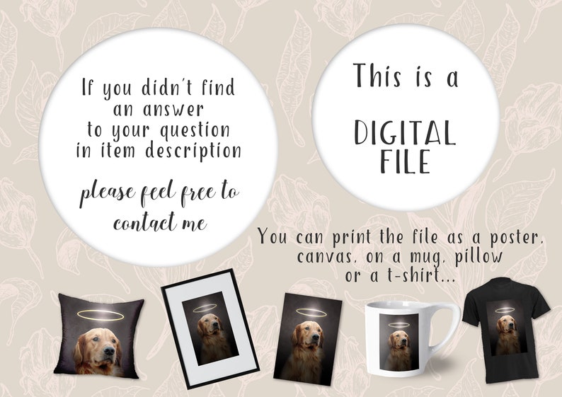 Pode incluir: Download de arquivo digital de um c&atilde;o golden retriever com uma aur&eacute;ola. A imagem &eacute; mostrada em uma almofada, uma caneca, uma camiseta e uma impress&atilde;o emoldurada. "Este &eacute; um ARQUIVO DIGITAL. Voc&ecirc; pode imprimir o arquivo como um p&ocirc;ster, uma tela, em uma caneca, uma almofada ou uma camiseta..."
