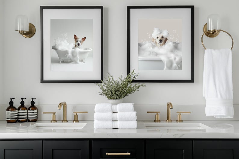 Ritratti di animali domestici personalizzati, cane in accappatoio, animale domestico nella vasca da bagno, cane con asciugamano sulla testa, parete con cane in bagno, arte con cane in bagno, regalo per animali domestici in bagno immagine 15