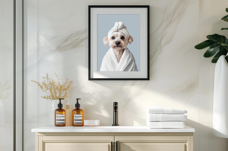 Ritratti di animali domestici personalizzati, cane in accappatoio, animale domestico nella vasca da bagno, cane con asciugamano sulla testa, parete con cane in bagno, arte con cane in bagno, regalo per animali domestici in bagno immagine 10
