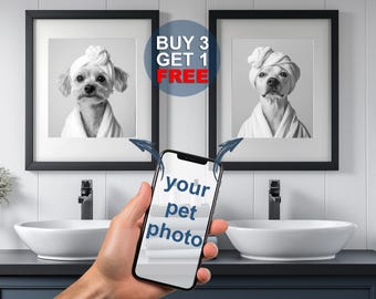 Retrato personalizado de perro, arte divertido para el baño, mascota en bata de baño