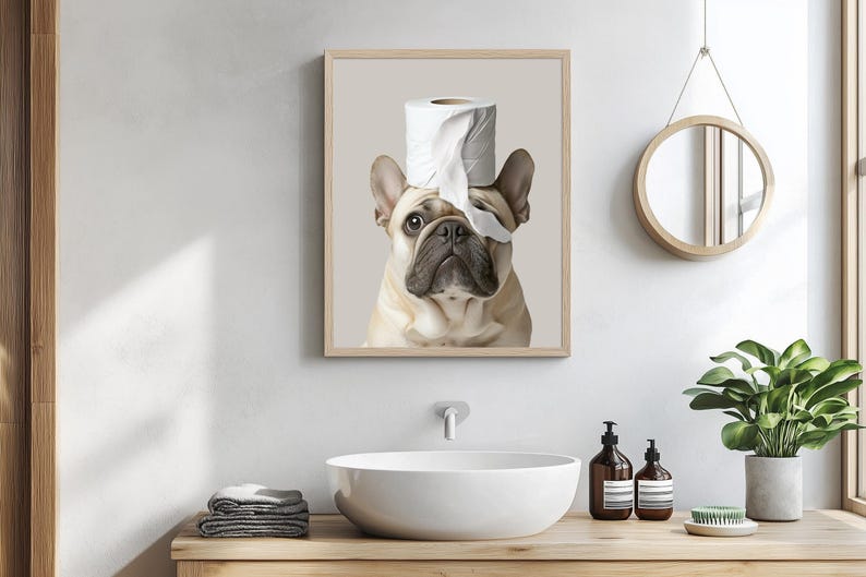 Ritratti di animali domestici personalizzati, cane in accappatoio, animale domestico nella vasca da bagno, cane con asciugamano sulla testa, parete con cane in bagno, arte con cane in bagno, regalo per animali domestici in bagno immagine 13