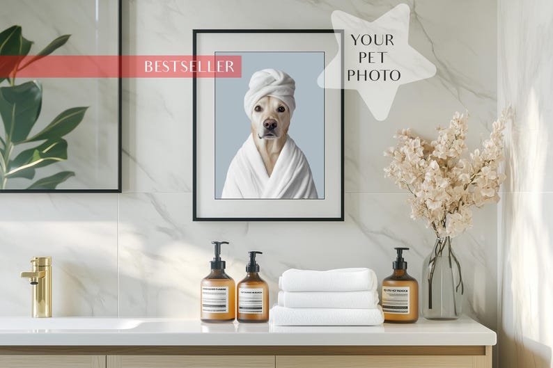 Ritratti di animali domestici personalizzati, cane in accappatoio, animale domestico nella vasca da bagno, cane con asciugamano sulla testa, parete con cane in bagno, arte con cane in bagno, regalo per animali domestici in bagno immagine 1