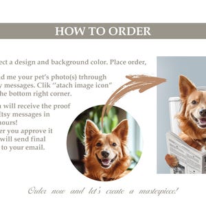 Pu&ograve; includere: Come ordinare un ritratto personalizzato del tuo animale domestico. I passaggi sono elencati: 1. Seleziona un design e un colore di sfondo. 2. Invia una foto del tuo animale domestico. 3. Riceverai una bozza entro 24 ore. L'immagine mostra un cane dorato seduto sul water che legge un giornale intitolato "The Daily Bark".