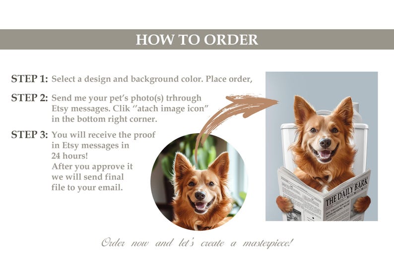 Pu&ograve; includere: Come ordinare un ritratto personalizzato del tuo animale domestico. I passaggi sono elencati: 1. Seleziona un design e un colore di sfondo. 2. Invia una foto del tuo animale domestico. 3. Riceverai una bozza entro 24 ore. L'immagine mostra un cane dorato seduto sul water che legge un giornale intitolato "The Daily Bark".