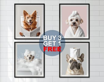 Pet Bathroom Art, Custom Pet Portraits, Dog Reading Newspaper on Toilet, Dog In Toilet, Pet in Bathtub Gift, Dog Bathroom Digital File Only