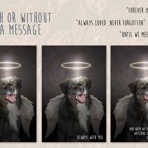 Pode incluir: Uma ilustra&ccedil;&atilde;o digital de um c&atilde;o preto e branco com asas de anjo e uma aur&eacute;ola. O c&atilde;o est&aacute; olhando para cima com uma express&atilde;o feliz. O texto "ALWAYS WITH YOU" est&aacute; na parte inferior da imagem.