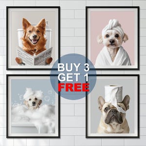 Ritratti di animali domestici personalizzati, cane in accappatoio, animale domestico nella vasca da bagno, cane con asciugamano sulla testa, parete con cane in bagno, arte con cane in bagno, regalo per animali domestici in bagno immagine 3