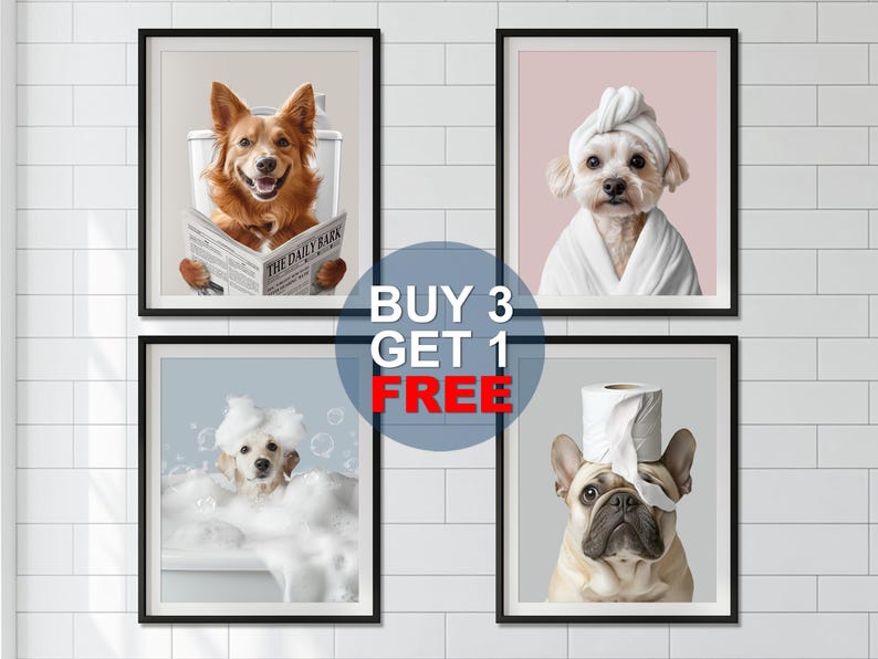 Ritratti di animali domestici personalizzati, cane in accappatoio, animale domestico nella vasca da bagno, cane con asciugamano sulla testa, parete con cane in bagno, arte con cane in bagno, regalo per animali domestici in bagno immagine 3