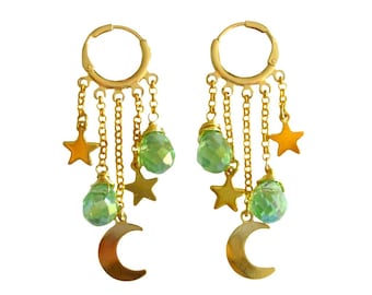 Moon Charm Earrings, Green Iridescent Suncatcher Huggie Hoop Earrings