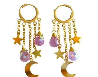 Moon Charm Earrings, Purple Iridescent Suncatcher Huggie Hoop Earrings